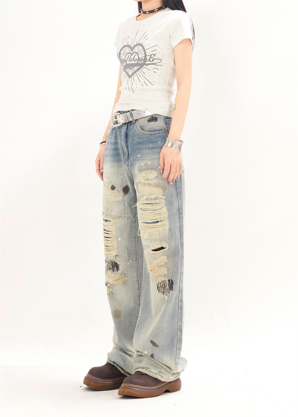 Punk Street Fashion Paint Splash Loose Distressed Beggar Straight-leg Trousers Men And Women