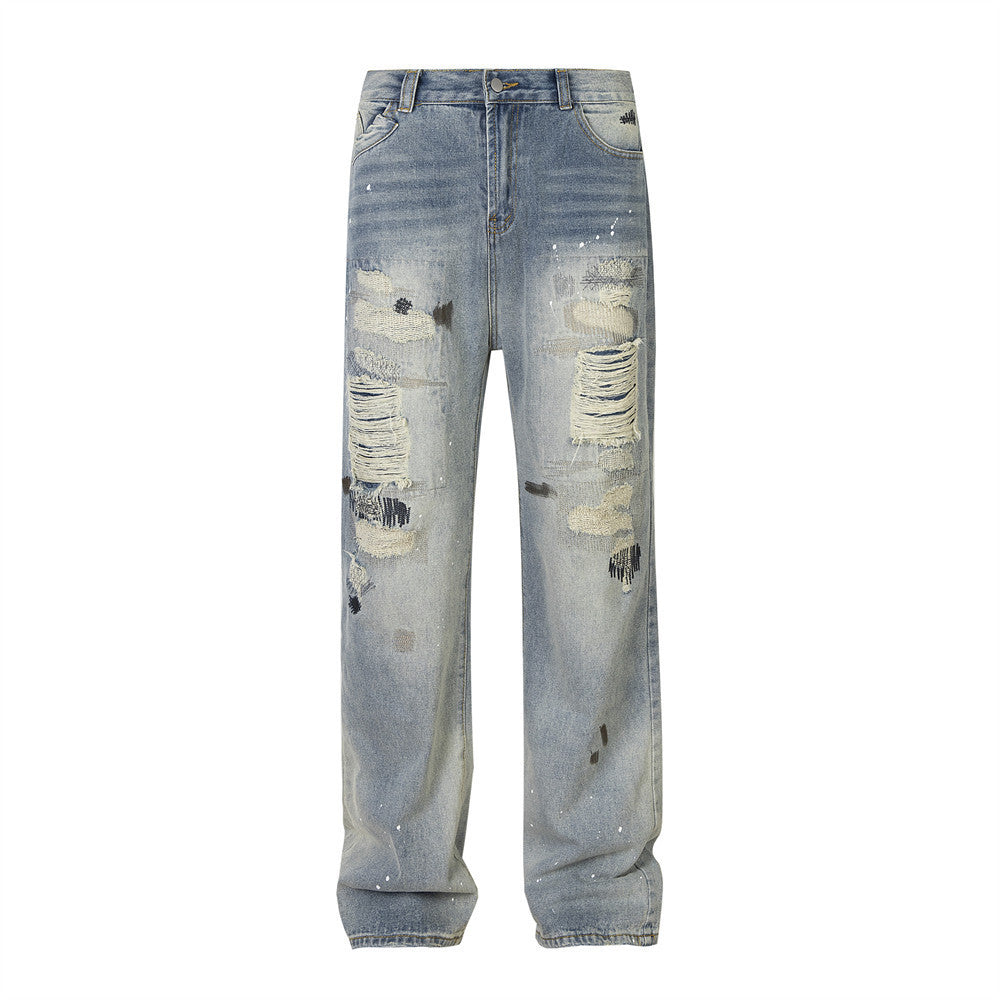 Punk Street Fashion Paint Splash Loose Distressed Beggar Straight-leg Trousers Men And Women