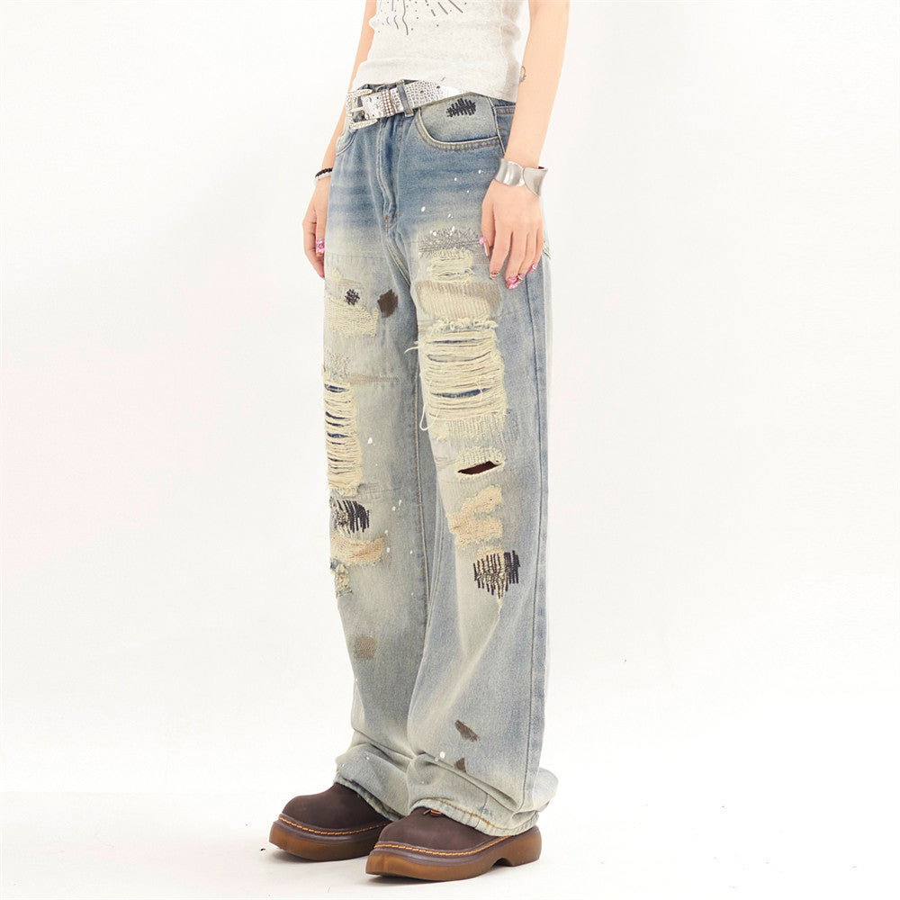 Punk Street Fashion Paint Splash Loose Distressed Beggar Straight-leg Trousers Men And Women